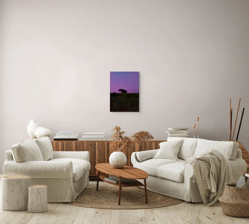 Tablou Canvas, "Copacul singuratic în amurgul violet", Cer, Amurg, Flori, Siluetă, Peisaj, Natură, Apus, Pastel., 39 x 54 cm – poza 5