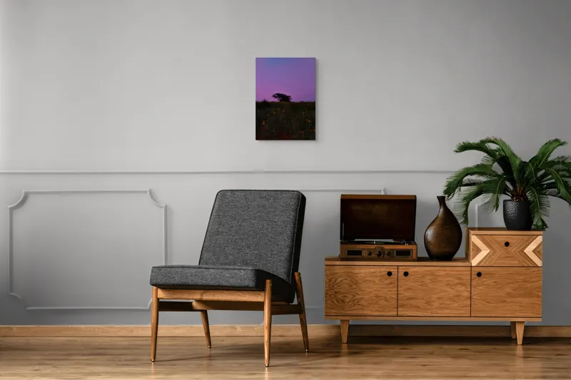 Tablou Canvas, "Copacul singuratic în amurgul violet", Cer, Amurg, Flori, Siluetă, Peisaj, Natură, Apus, Pastel., 39 x 54 cm – poza 8
