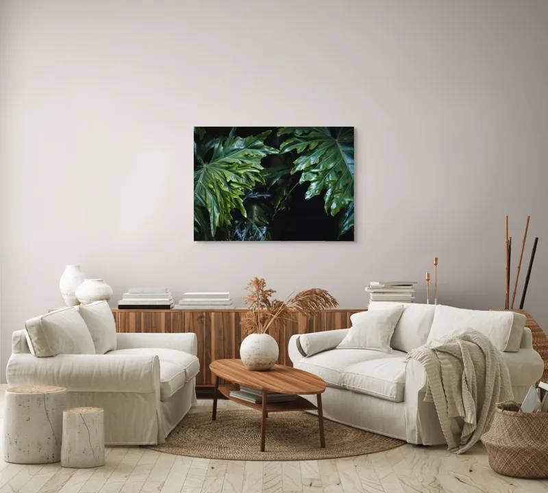 Tablou Canvas, "Frumusețea frunzelor tropicale verzi", Frunze, Verde, Lucioase, Umbre, Vegetație, Textură, Tropice, Natură, Profunditate., 100 x 70 cm – poza 3