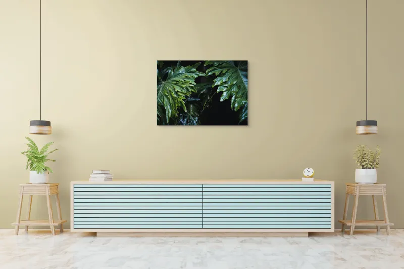 Tablou Canvas, "Frumusețea frunzelor tropicale verzi", Frunze, Verde, Lucioase, Umbre, Vegetație, Textură, Tropice, Natură, Profunditate., 100 x 70 cm – poza 4