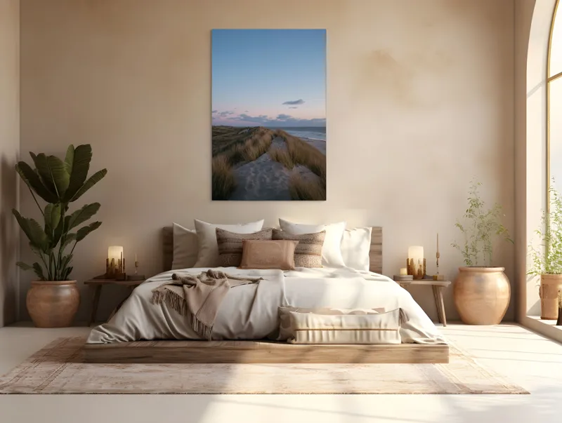 Tablou Canvas, "Amurg pe dunele de nisip", Apus, Nisip, Dune, Iarbă, Cer, Nori, Ocean, Liniște, Natură, Împăcare, 100 x 150 cm – poza 3
