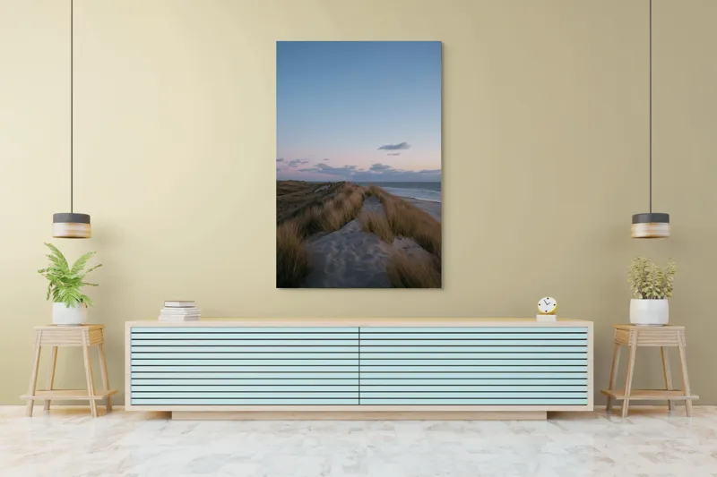 Tablou Canvas, "Amurg pe dunele de nisip", Apus, Nisip, Dune, Iarbă, Cer, Nori, Ocean, Liniște, Natură, Împăcare, 100 x 150 cm – poza 4
