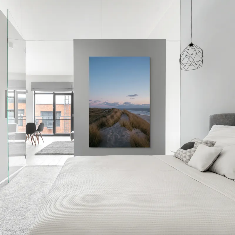 Tablou Canvas, "Amurg pe dunele de nisip", Apus, Nisip, Dune, Iarbă, Cer, Nori, Ocean, Liniște, Natură, Împăcare, 100 x 150 cm – poza 5