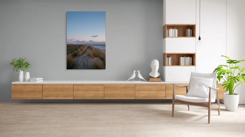 Tablou Canvas, "Amurg pe dunele de nisip", Apus, Nisip, Dune, Iarbă, Cer, Nori, Ocean, Liniște, Natură, Împăcare, 100 x 150 cm – poza 8