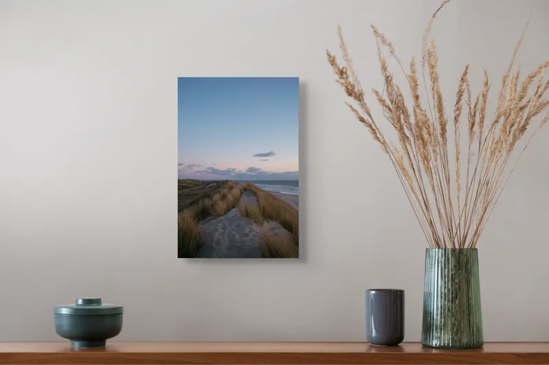 Tablou Canvas, "Amurg pe dunele de nisip", Apus, Nisip, Dune, Iarbă, Cer, Nori, Ocean, Liniște, Natură, Împăcare, 26 x 39 cm – poza 5