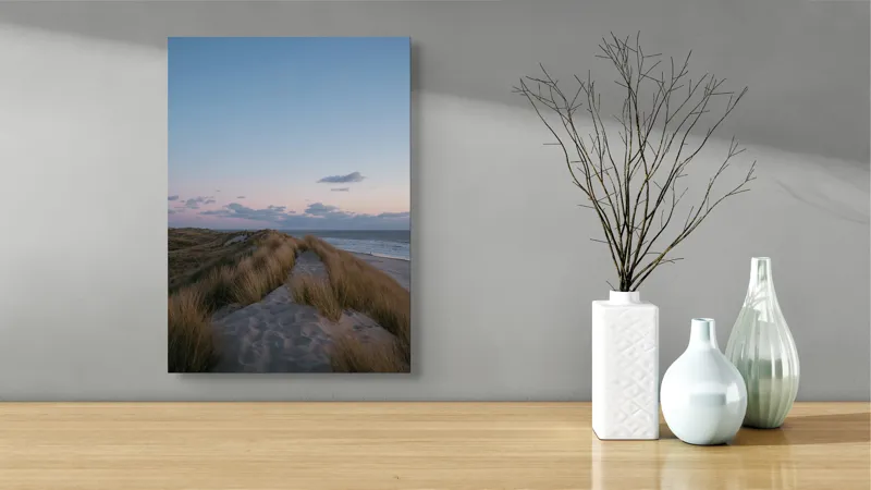 Tablou Canvas, "Amurg pe dunele de nisip", Apus, Nisip, Dune, Iarbă, Cer, Nori, Ocean, Liniște, Natură, Împăcare, 39 x 54 cm – poza 4