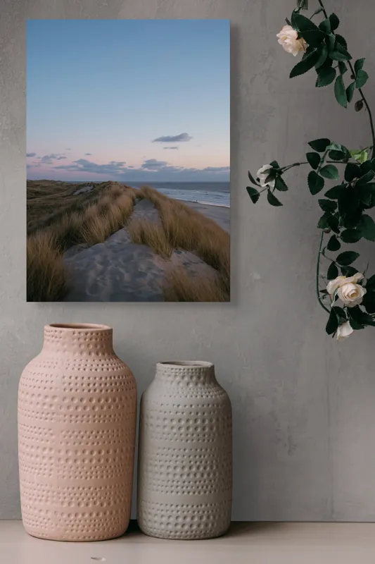 Tablou Canvas, "Amurg pe dunele de nisip", Apus, Nisip, Dune, Iarbă, Cer, Nori, Ocean, Liniște, Natură, Împăcare, 39 x 54 cm – poza 6
