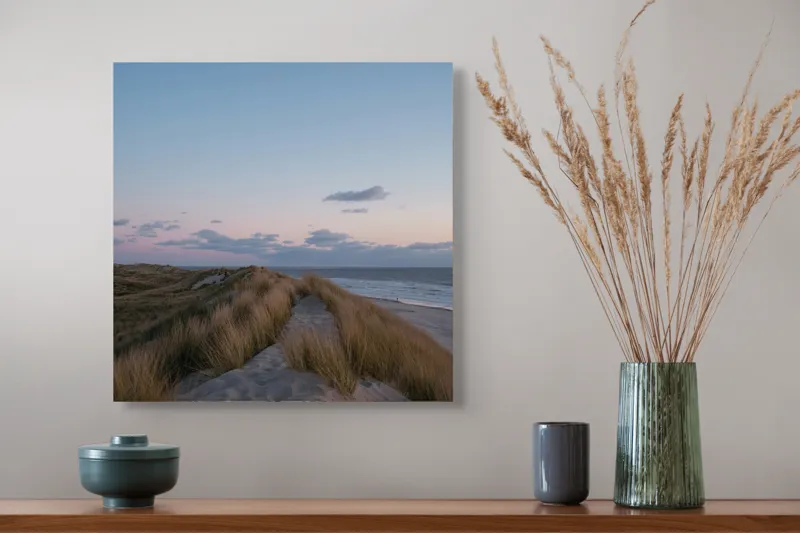 Tablou Canvas, "Amurg pe dunele de nisip", Apus, Nisip, Dune, Iarbă, Cer, Nori, Ocean, Liniște, Natură, Împăcare, 50 x 50 cm – poza 4