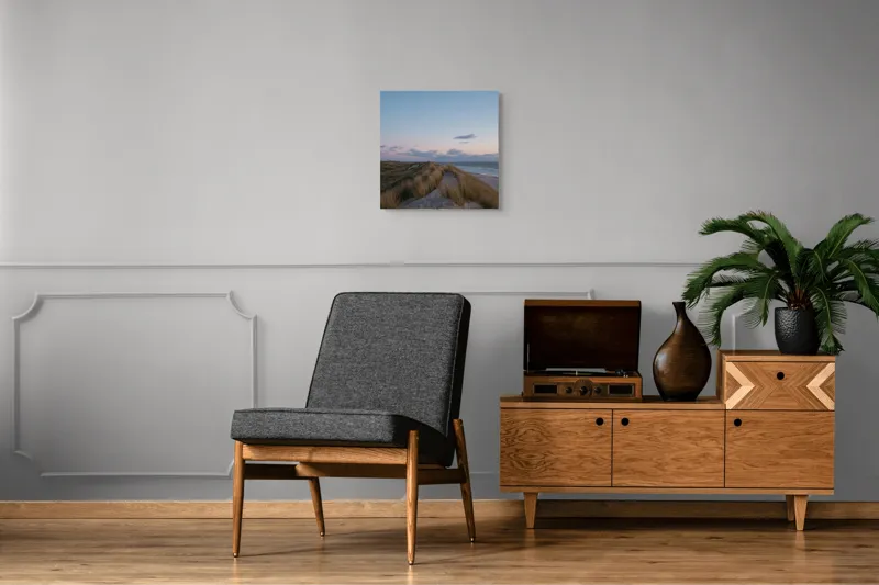 Tablou Canvas, "Amurg pe dunele de nisip", Apus, Nisip, Dune, Iarbă, Cer, Nori, Ocean, Liniște, Natură, Împăcare, 50 x 50 cm – poza 6