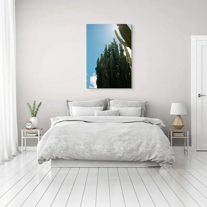 Tablou Canvas, "Cactuși impozanți sub cerul senin", Cactuși, Soare, Cer, Verde, Colțuros, Umbre, Natură, Înalt., 70 x 100 cm – poza 3