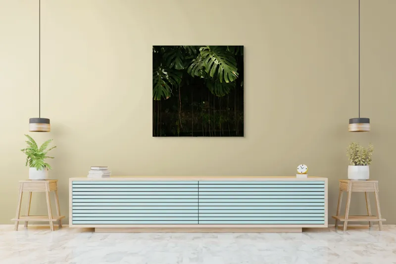 Tablou Canvas, "Monstera în lumina liniștită a pădurii", Frunze, Liane, Umbre, Verde, Jungle, Mister, Tropical, Răcoare, 100 x 100 cm – poza 5