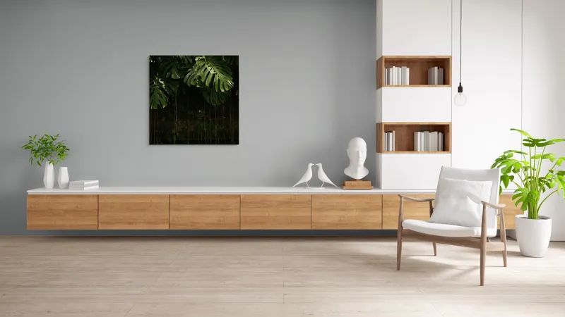 Tablou Canvas, "Monstera în lumina liniștită a pădurii", Frunze, Liane, Umbre, Verde, Jungle, Mister, Tropical, Răcoare, 100 x 100 cm – poza 8