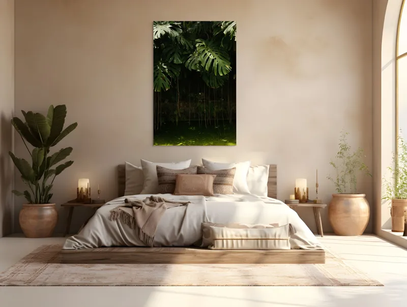 Tablou Canvas, "Monstera în lumina liniștită a pădurii", Frunze, Liane, Umbre, Verde, Jungle, Mister, Tropical, Răcoare, 100 x 150 cm – poza 3