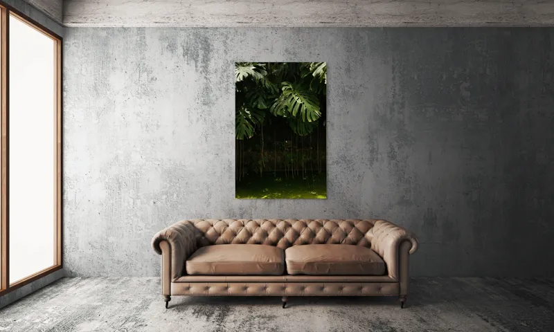 Tablou Canvas, "Monstera în lumina liniștită a pădurii", Frunze, Liane, Umbre, Verde, Jungle, Mister, Tropical, Răcoare, 100 x 150 cm – poza 6
