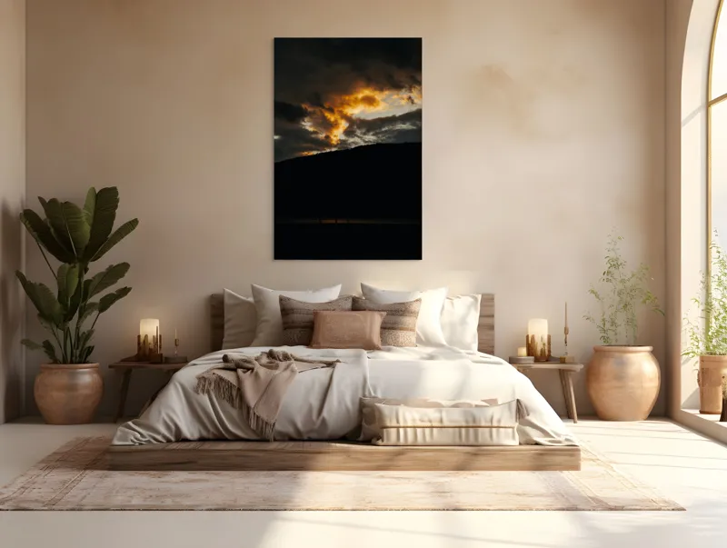 Tablou Canvas, "Lumina apusului printre nori întunecați", Nor, Apus, Siluetă, Lumină, Contrast., 100 x 150 cm – poza 3