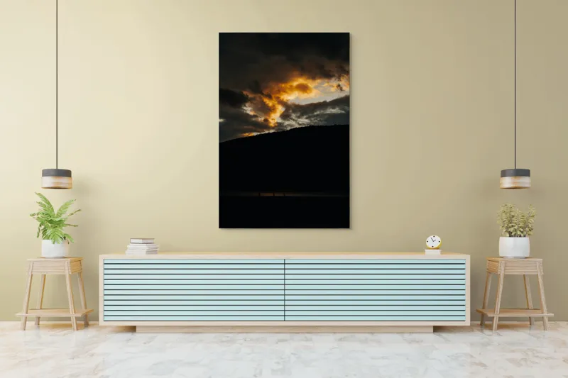 Tablou Canvas, "Lumina apusului printre nori întunecați", Nor, Apus, Siluetă, Lumină, Contrast., 100 x 150 cm – poza 4