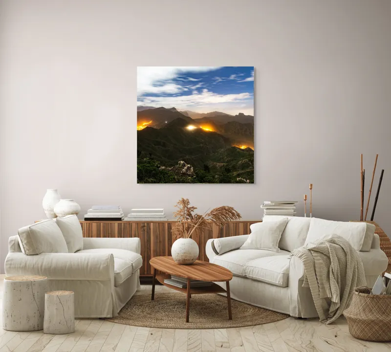 Tablou Canvas, "Misterele montane sub cerul înstelat", Nori, Munți, Lumină, Cer, Peisaj, Noapte, Orizont, Dealuri, 100 x 100 cm – poza 3