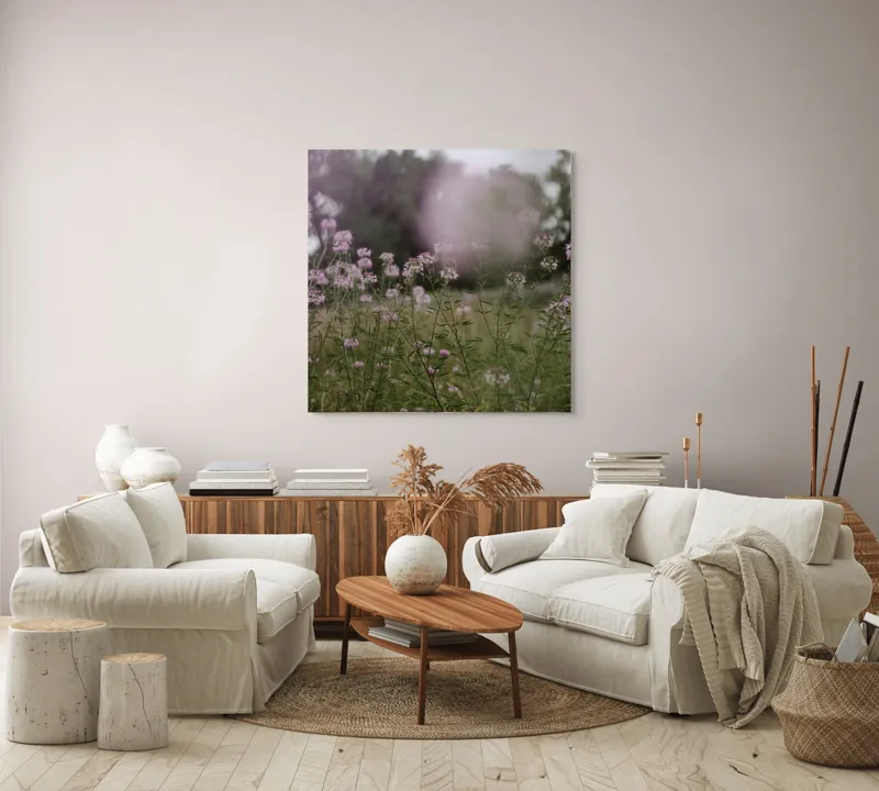 Tablou Canvas, "Dansul florilor în adierea vântului", Flori, Roz, Câmp, Verdeață, Cer, Copaci, Primăvară, Natură, Delicat, Seninătate, 100 x 100 cm – poza 3