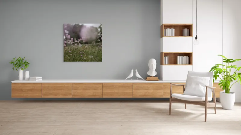 Tablou Canvas, "Dansul florilor în adierea vântului", Flori, Roz, Câmp, Verdeață, Cer, Copaci, Primăvară, Natură, Delicat, Seninătate, 100 x 100 cm – poza 8