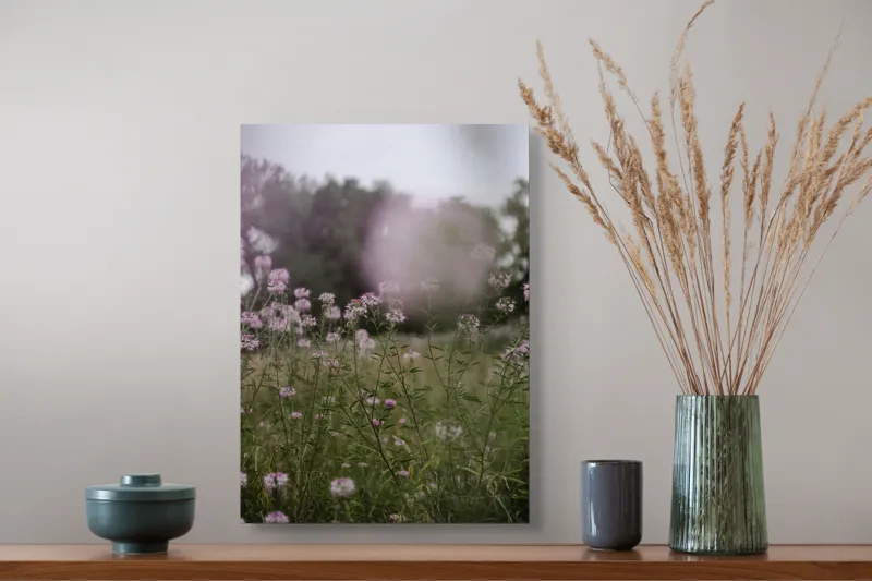 Tablou Canvas, "Dansul florilor în adierea vântului", Flori, Roz, Câmp, Verdeață, Cer, Copaci, Primăvară, Natură, Delicat, Seninătate, 39 x 54 cm – poza 3
