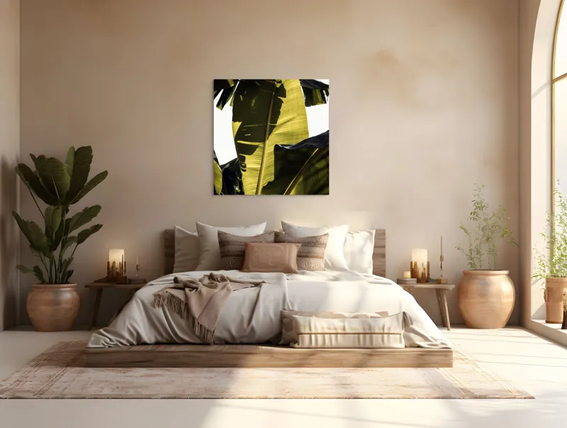 Tablou Canvas, "Frunza de bananier la apus", Frunze, Verde, Lumină, Umbre, Textură, Natură, Tropical, Vitalitate, 100 x 100 cm – poza 4