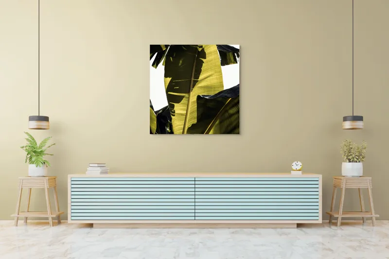 Tablou Canvas, "Frunza de bananier la apus", Frunze, Verde, Lumină, Umbre, Textură, Natură, Tropical, Vitalitate, 100 x 100 cm – poza 5
