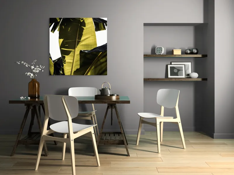 Tablou Canvas, "Frunza de bananier la apus", Frunze, Verde, Lumină, Umbre, Textură, Natură, Tropical, Vitalitate, 100 x 100 cm – poza 6