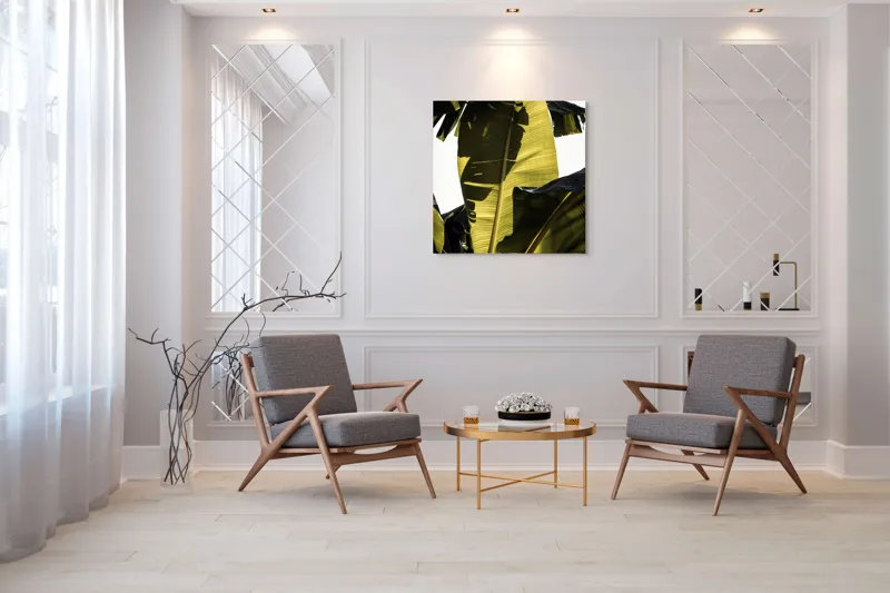 Tablou Canvas, "Frunza de bananier la apus", Frunze, Verde, Lumină, Umbre, Textură, Natură, Tropical, Vitalitate, 100 x 100 cm – poza 7