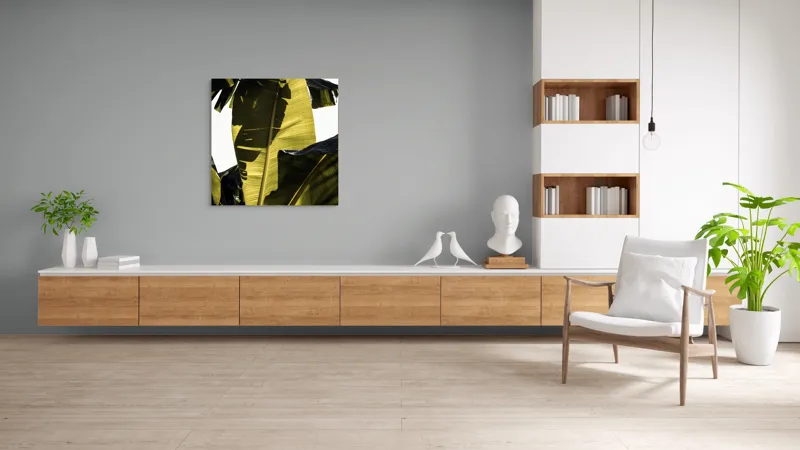 Tablou Canvas, "Frunza de bananier la apus", Frunze, Verde, Lumină, Umbre, Textură, Natură, Tropical, Vitalitate, 100 x 100 cm – poza 8