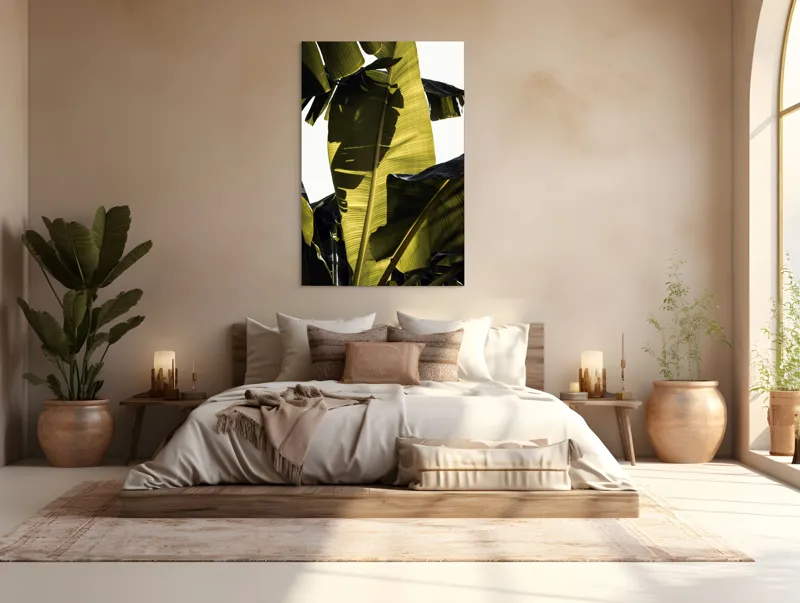 Tablou Canvas, "Frunza de bananier la apus", Frunze, Verde, Lumină, Umbre, Textură, Natură, Tropical, Vitalitate, 100 x 150 cm – poza 3