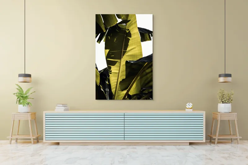 Tablou Canvas, "Frunza de bananier la apus", Frunze, Verde, Lumină, Umbre, Textură, Natură, Tropical, Vitalitate, 100 x 150 cm – poza 4