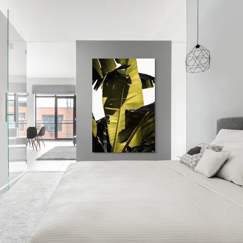 Tablou Canvas, "Frunza de bananier la apus", Frunze, Verde, Lumină, Umbre, Textură, Natură, Tropical, Vitalitate, 100 x 150 cm – poza 5
