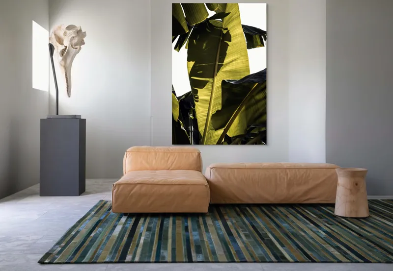Tablou Canvas, "Frunza de bananier la apus", Frunze, Verde, Lumină, Umbre, Textură, Natură, Tropical, Vitalitate, 100 x 150 cm – poza 7