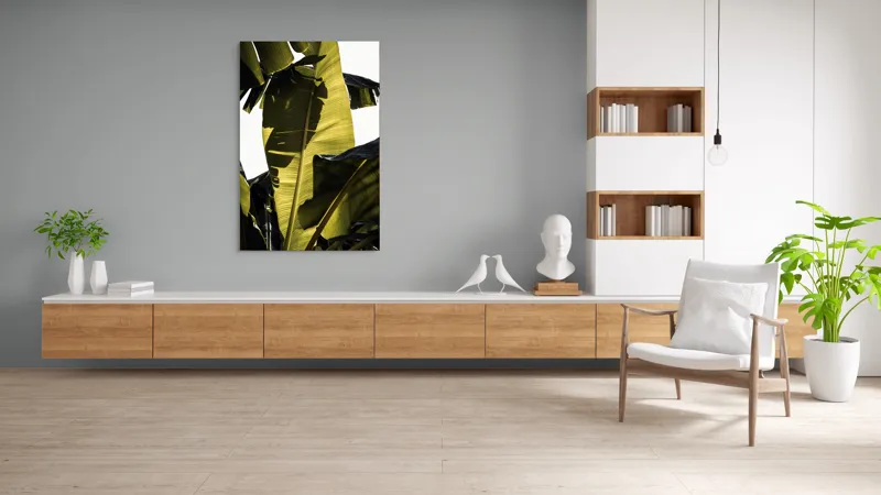 Tablou Canvas, "Frunza de bananier la apus", Frunze, Verde, Lumină, Umbre, Textură, Natură, Tropical, Vitalitate, 100 x 150 cm – poza 8