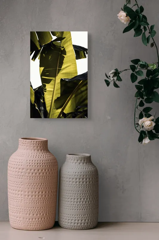 Tablou Canvas, "Frunza de bananier la apus", Frunze, Verde, Lumină, Umbre, Textură, Natură, Tropical, Vitalitate, 26 x 39 cm – poza 6