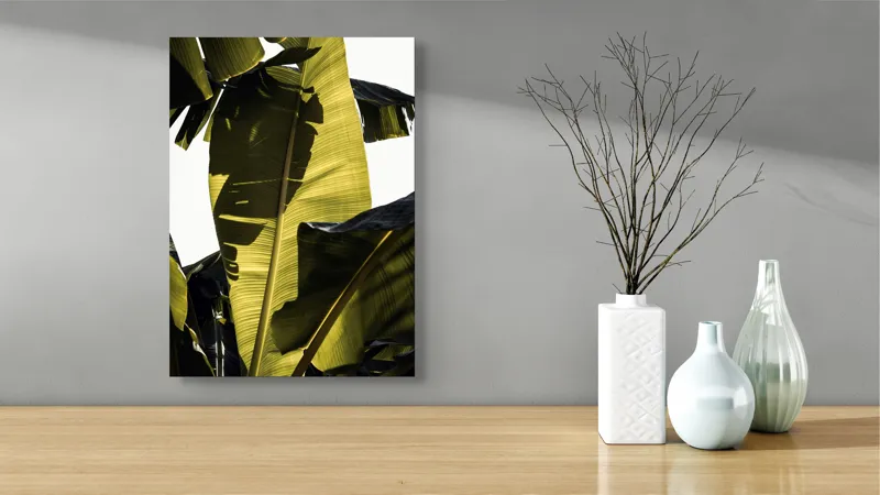 Tablou Canvas, "Frunza de bananier la apus", Frunze, Verde, Lumină, Umbre, Textură, Natură, Tropical, Vitalitate, 39 x 54 cm – poza 4