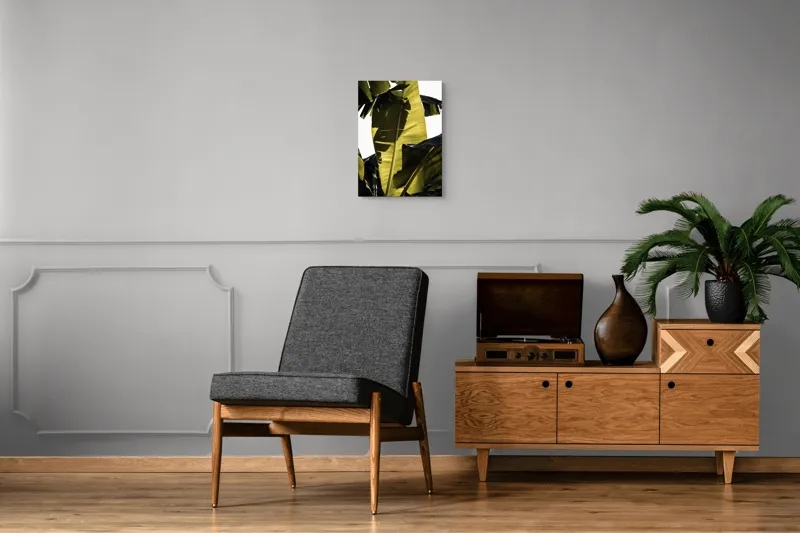Tablou Canvas, "Frunza de bananier la apus", Frunze, Verde, Lumină, Umbre, Textură, Natură, Tropical, Vitalitate, 39 x 54 cm – poza 8