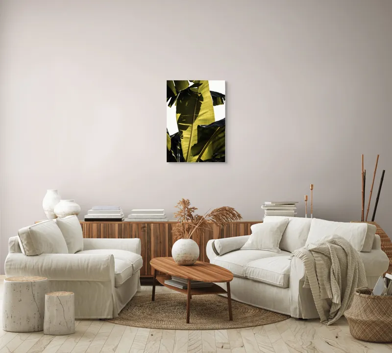 Tablou Canvas, "Frunza de bananier la apus", Frunze, Verde, Lumină, Umbre, Textură, Natură, Tropical, Vitalitate, 50 x 70 cm – poza 4