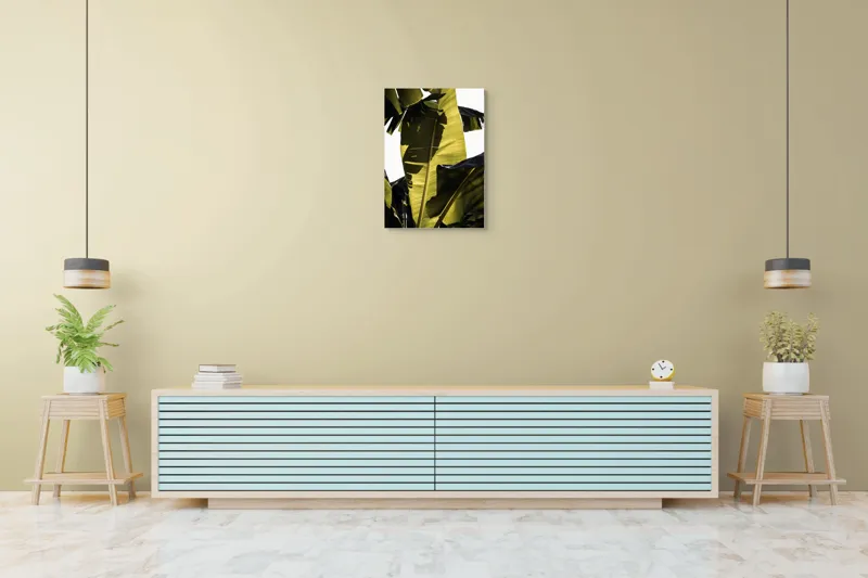 Tablou Canvas, "Frunza de bananier la apus", Frunze, Verde, Lumină, Umbre, Textură, Natură, Tropical, Vitalitate, 50 x 70 cm – poza 6