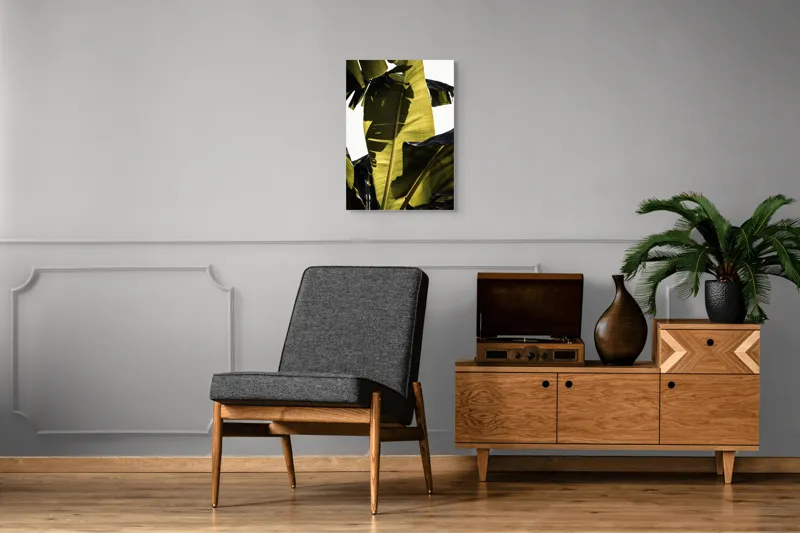 Tablou Canvas, "Frunza de bananier la apus", Frunze, Verde, Lumină, Umbre, Textură, Natură, Tropical, Vitalitate, 50 x 70 cm – poza 8