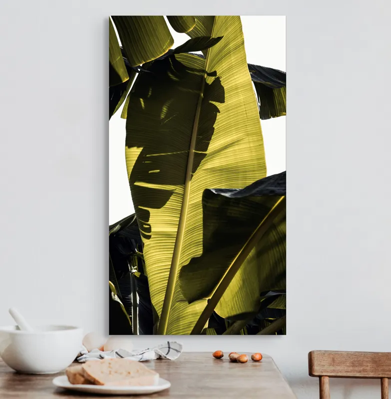 Tablou Canvas, "Frunza de bananier la apus", Frunze, Verde, Lumină, Umbre, Textură, Natură, Tropical, Vitalitate, 50 x 90 cm – poza 3