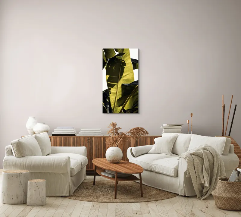 Tablou Canvas, "Frunza de bananier la apus", Frunze, Verde, Lumină, Umbre, Textură, Natură, Tropical, Vitalitate, 50 x 90 cm – poza 7