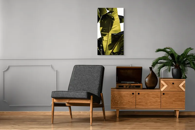 Tablou Canvas, "Frunza de bananier la apus", Frunze, Verde, Lumină, Umbre, Textură, Natură, Tropical, Vitalitate, 50 x 90 cm – poza 8