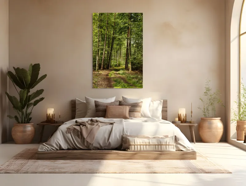 Tablou Canvas, "Cărare prin pădurea liniștită de vară", Pădure, Potecă, Copaci, Lumină, Frunze, Natură, Verde, Tranquilitate, 100 x 150 cm – poza 3