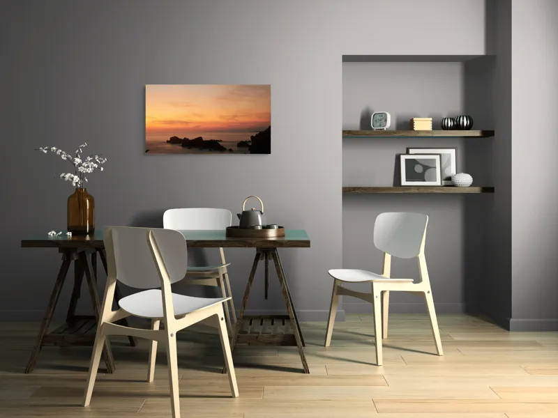 Tablou Canvas, "Apus senin peste mare liniștită", Apus, Cer, Nori, Mări, Stânci, Orizont, Lumină, Tranquilitate, 90 x 50 cm – poza 3