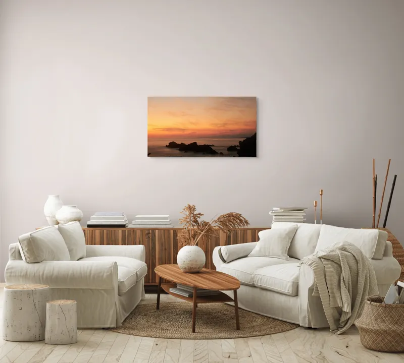 Tablou Canvas, "Apus senin peste mare liniștită", Apus, Cer, Nori, Mări, Stânci, Orizont, Lumină, Tranquilitate, 90 x 50 cm – poza 4