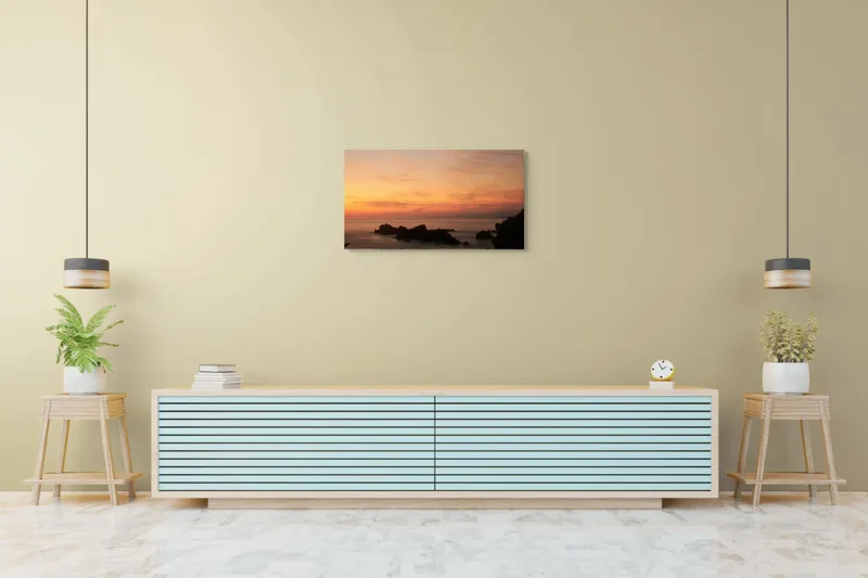 Tablou Canvas, "Apus senin peste mare liniștită", Apus, Cer, Nori, Mări, Stânci, Orizont, Lumină, Tranquilitate, 90 x 50 cm – poza 5