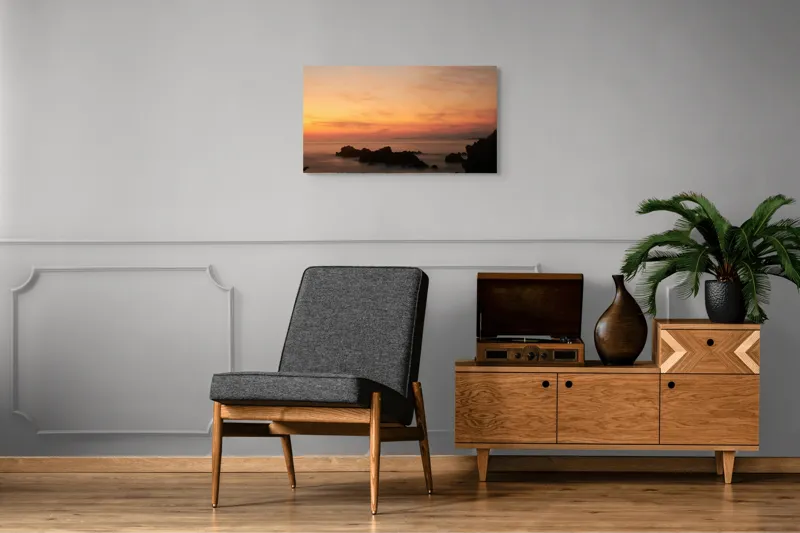 Tablou Canvas, "Apus senin peste mare liniștită", Apus, Cer, Nori, Mări, Stânci, Orizont, Lumină, Tranquilitate, 90 x 50 cm – poza 6