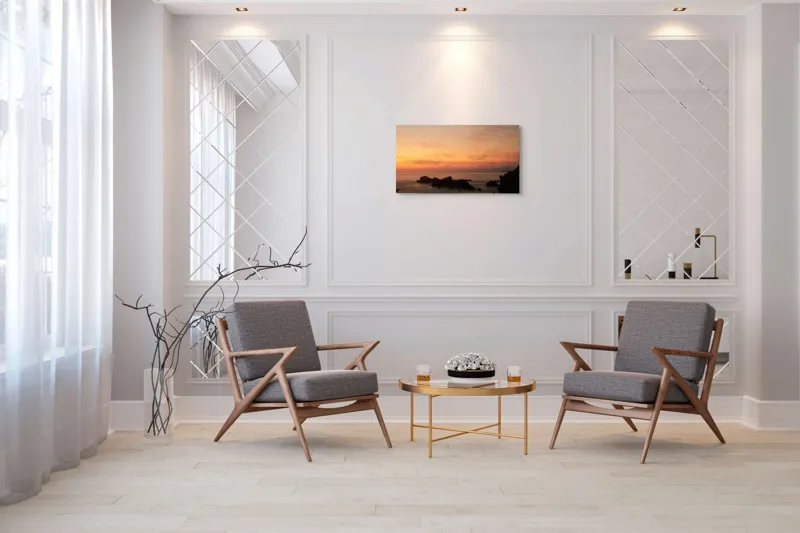 Tablou Canvas, "Apus senin peste mare liniștită", Apus, Cer, Nori, Mări, Stânci, Orizont, Lumină, Tranquilitate, 90 x 50 cm – poza 7