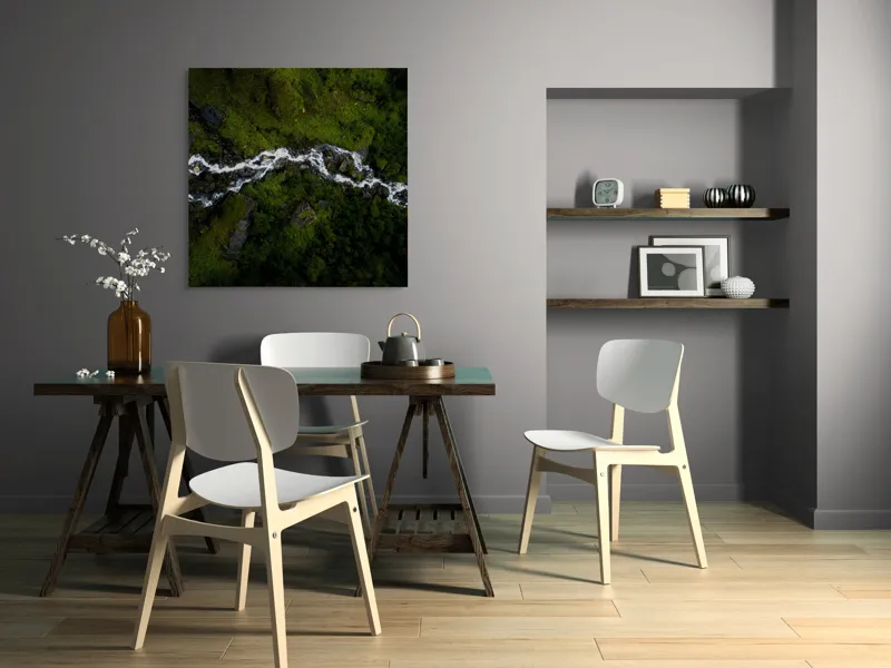 Tablou Canvas, "Râul serpuind printre munți verzi", Curgere, Pădure, Verdeață, Pietre, Râu, Natură, Peisaj, Vedere, Aeriană, Frumusețe, 100 x 100 cm – poza 6